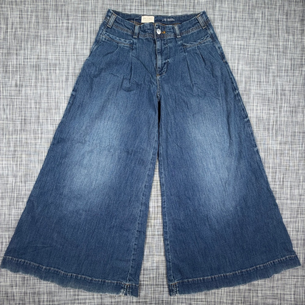 Pilcro Women Blue Pleated Wide-Leg Jeans Size 28 Cotton Blend Denim Trousers